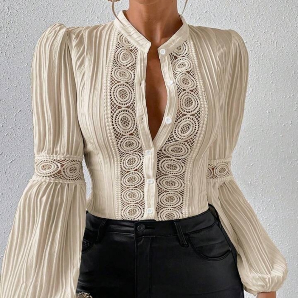 Women's Lace Splicing Lantern Sleeve Shirt - Picture 4 of 7